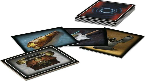 Echoes: The Cocktail game by Ravensburger featuring various items depicted on cards. Includes images of a vintage telephone, a broken bottle, a weapon, and mysterious artifacts. The cards are arranged with some stacked and some fanned out, showcasing detailed artwork and intriguing visuals for an engaging gameplay experience.