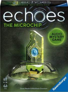 Echoes: The Microchip by Ravensburger, an engaging audio mystery game. The box features a striking image of a microchip on a futuristic background. Ideal for players aged 14 and up, it accommodates 1-6 players and provides an immersive gameplay experience filled with suspense and clues.
