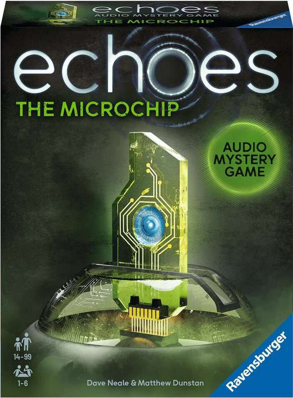 Echoes: The Microchip by Ravensburger, an engaging audio mystery game. The box features a striking image of a microchip on a futuristic background. Ideal for players aged 14 and up, it accommodates 1-6 players and provides an immersive gameplay experience filled with suspense and clues.