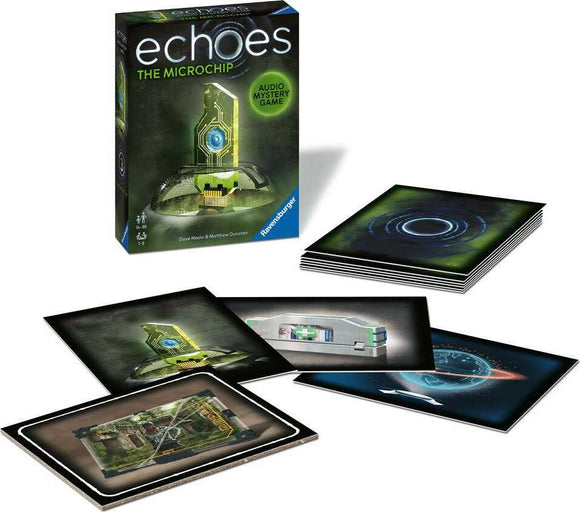 Echoes: The Microchip board game by Ravensburger displayed with its box art and several audio clue cards. The game combines mystery-solving with interactive audio elements, suitable for age 14 and up, designed for 1-4 players.