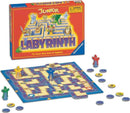 Labyrinth Jr. New Edition board game by Ravensburger. The box features colorful artwork highlighting various characters and maze elements. The game board is laid out with maze paths, player pieces in bright colors, and collectible tokens scattered around. A perfect starting board game for kids, combining strategy and fun.
