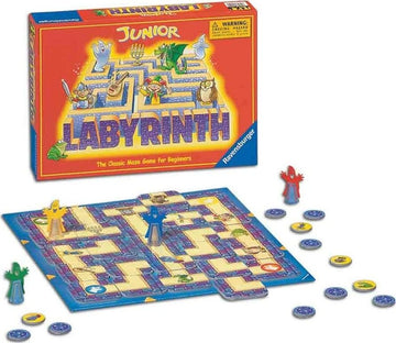 Labyrinth Jr. New Edition board game by Ravensburger. The box features colorful artwork highlighting various characters and maze elements. The game board is laid out with maze paths, player pieces in bright colors, and collectible tokens scattered around. A perfect starting board game for kids, combining strategy and fun.