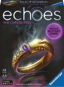 Packaging of 'echoes: The Cursed Ring' by Ravensburger, featuring an intricately designed mystical ring with a purple gem, surrounded by wisps of smoke. The title and game details are prominently displayed on the box, indicating it's an audio mystery game suitable for 1-4 players aged 14 and up.