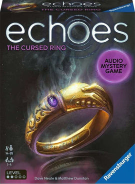 Packaging of 'echoes: The Cursed Ring' by Ravensburger, featuring an intricately designed mystical ring with a purple gem, surrounded by wisps of smoke. The title and game details are prominently displayed on the box, indicating it's an audio mystery game suitable for 1-4 players aged 14 and up.