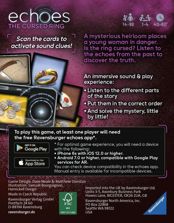 Echoes: The Cursed Ring is a captivating game by Ravensburger where players use sound clues to uncover a mysterious storyline about a cursed ring. Features immersive gameplay that requires scanning cards to activate audio hints, engaging players in a quest to solve a historical mystery. Suitable for ages 14 and up, it accommodates 1 to 4 players and lasts between 40 to 60 minutes.