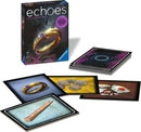 Echoes: The Cursed Ring is an audio mystery game by Ravensburger. The image displays the game box featuring a golden ring with a purple gemstone. Surrounding it are cards including images of the ring, coins, a broken plate, and a wooden tool, hinting at the game's intriguing mystery elements.