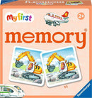 A colorful box for the 'my first memory®: Vehicles' game by Ravensburger. The box features an illustration of an airplane and a double card image of a yellow excavator working on rocks, designed for children ages 2 and up. The game is intended to enhance memory skills through matching pairs of vehicles.