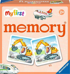 A colorful box for the 'my first memory®: Vehicles' game by Ravensburger. The box features an illustration of an airplane and a double card image of a yellow excavator working on rocks, designed for children ages 2 and up. The game is intended to enhance memory skills through matching pairs of vehicles.