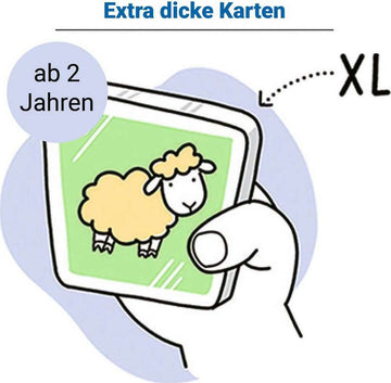 A child-friendly card featuring a cute cartoon sheep, designed for young children. The card is held in a hand, emphasizing its extra thick design for durability. Suitable for ages 2 and up.