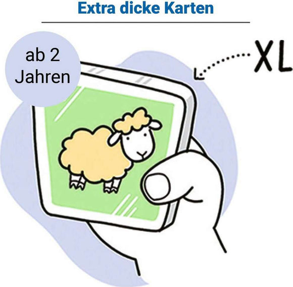 A child-friendly card featuring a cute cartoon sheep, designed for young children. The card is held in a hand, emphasizing its extra thick design for durability. Suitable for ages 2 and up.