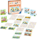 A vibrant layout of the my first memory®: Vehicles game by Ravensburger. The image features a colorful box with the title and various illustrated memory cards showing vehicles like ambulances, airplanes, and construction machines, arranged in a grid pattern. The game is designed for children aged 2 and up, encouraging memory skills and recognition of different vehicles.