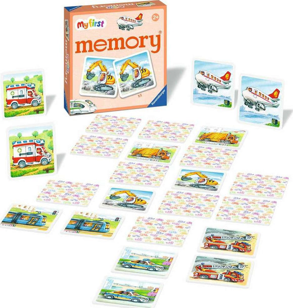 A vibrant layout of the my first memory®: Vehicles game by Ravensburger. The image features a colorful box with the title and various illustrated memory cards showing vehicles like ambulances, airplanes, and construction machines, arranged in a grid pattern. The game is designed for children aged 2 and up, encouraging memory skills and recognition of different vehicles.
