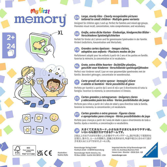 The image features the My First Memory®: Vehicles game by Ravensburger. This educational memory game includes large, sturdy tiles with clearly recognizable pictures designed for small children, promoting visual recall and concentration. Suitable for ages 2 and up, it encourages family play with various game modes for developing memory and vocabulary skills.