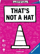 Game box for 'That's Not a Hat' by Ravensburger featuring a bright pink background with various doodles. The prominently displayed title is bold and black, with a humorous illustration of a traffic cone, emphasizing fun for ages 8 and up. Suitable for 3-8 players and takes about 15 minutes to play.