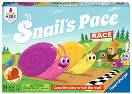 Colorful box of the game 'Snail's Pace Race' by Ravensburger, featuring cartoon snails in a race setting. The design includes playful characters like rabbits and a tortoise cheering from the sidelines, with vibrant landscapes in the background. The box shows a racing flag and notes that it's suitable for 2 to 6 players aged 3 and up, with a game duration of 15 minutes.