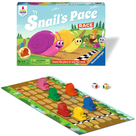 Snail's Pace Race game by Ravensburger, featuring colorful snail figurines in red, yellow, green, blue, pink, and orange on a vibrant game board. The game box showcases cheerful illustrations of snails racing and playful animals in a bright, outdoor setting. Includes two dice for gameplay.
