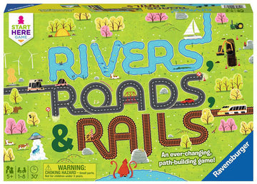 The 'Rivers Roads and Rails' game by Ravensburger features a colorful game board with various landscapes including rivers, roads, and railways. It includes illustrations of vehicles like trains and cars, as well as natural elements like trees and water, and colorful pathways to create a dynamic path-building experience suitable for 1 to 8 players ages 5 and up.