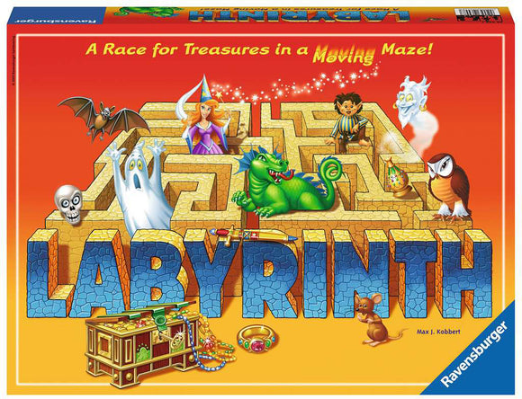 The Labyrinth game by Ravensburger features a colorful box cover with a whimsical illustration. It shows a maze filled with charming characters like a wizard, a dragon, a ghost, and more, racing for treasures. The title 'LABYRINTH' is prominently displayed in bold, blue letters at the bottom, complemented by a treasure chest at the left featuring jewels and a ring. The background is bright orange, enhancing the vibrant design.