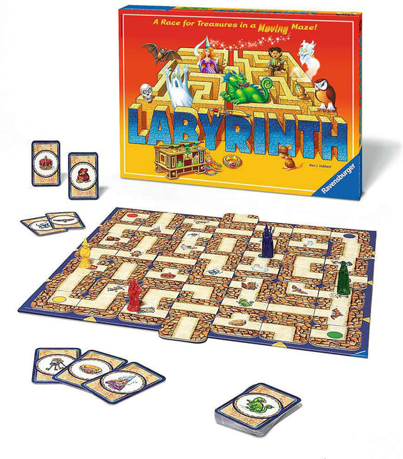 The Labyrinth board game by Ravensburger displayed with its colorful box featuring a maze and playful illustrations. The game board is laid out showing a winding path, various character pieces in yellow, red, green, and blue, along with a set of game cards depicting treasures and magical creatures. An engaging family game designed for strategic treasure treasures in a moving maze.