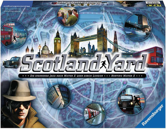 Scotland Yard board game box featuring illustrations of iconic London landmarks like the Tower Bridge and Big Ben. The design includes images of a detective, a bus, and subway scenes, emphasizing the game's theme of hunting the elusive Mister X.