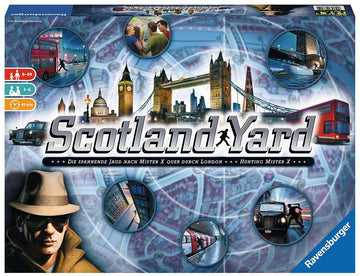 The box cover of the Scotland Yard board game by Ravensburger, featuring an illustrated London skyline with iconic landmarks such as the Tower Bridge, Big Ben, and a red double-decker bus. The cover includes images of a detective in a fedora and sunglasses, and gameplay scenes, hinting at the mystery theme of hunting Mister X in London.