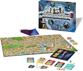 The Scotland Yard board game by Ravensburger, featuring a detailed map of London, game pieces, cards, and a Mister X disguise. The box showcases iconic London landmarks and the game's title prominently.