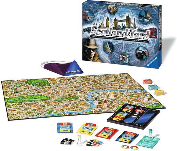 The Scotland Yard board game by Ravensburger, featuring a detailed map of London, game pieces, cards, and a Mister X disguise. The box showcases iconic London landmarks and the game's title prominently.