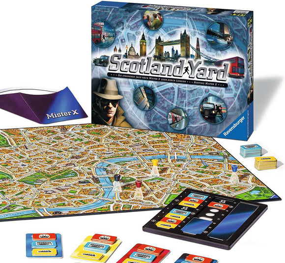 The Scotland Yard board game by Ravensburger, featuring a large, intricately designed map of London, game pieces, cards, and the Mister X character stand. The box shows iconic London landmarks and imagery related to the game’s theme of detective work.