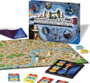 Scotland Yard board game by Ravensburger, featuring a detailed game board of London with highlighted paths, player pieces, and cards for gameplay. The box shows graphics of Mister X and iconic London landmarks.