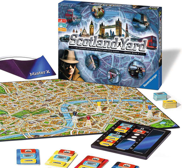 Scotland Yard board game by Ravensburger, featuring a detailed game board of London with highlighted paths, player pieces, and cards for gameplay. The box shows graphics of Mister X and iconic London landmarks.