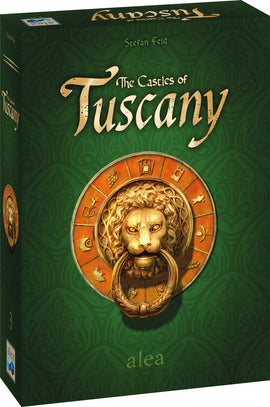The Castles of Tuscany board game box by Ravensburger. The packaging features a decorative green background with an ornate lion's head door knocker in the center, surrounded by symbols and designs representing Tuscany. The title is prominently displayed in an elegant font.