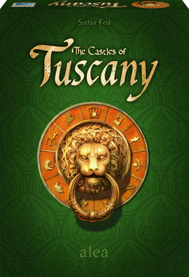 The Castles of Tuscany board game by Ravensburger featuring a beautifully designed box with a golden lion door knocker in the center, surrounded by symbols representing different aspects of Tuscany. The background is rich green with elegant patterns, and the title is prominently displayed in stylized lettering. Perfect for board game lovers and enthusiasts of strategy games.