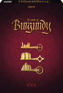 The Castles of Burgundy board game box featuring ornate golden keys representing various castles, set against a rich burgundy background. The title is elegantly displayed at the top, along with 'Stefan Feld' and 'alea' branding.