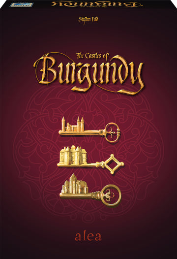 The Castles of Burgundy board game box featuring ornate golden keys representing various castles, set against a rich burgundy background. The title is elegantly displayed at the top, along with 'Stefan Feld' and 'alea' branding.