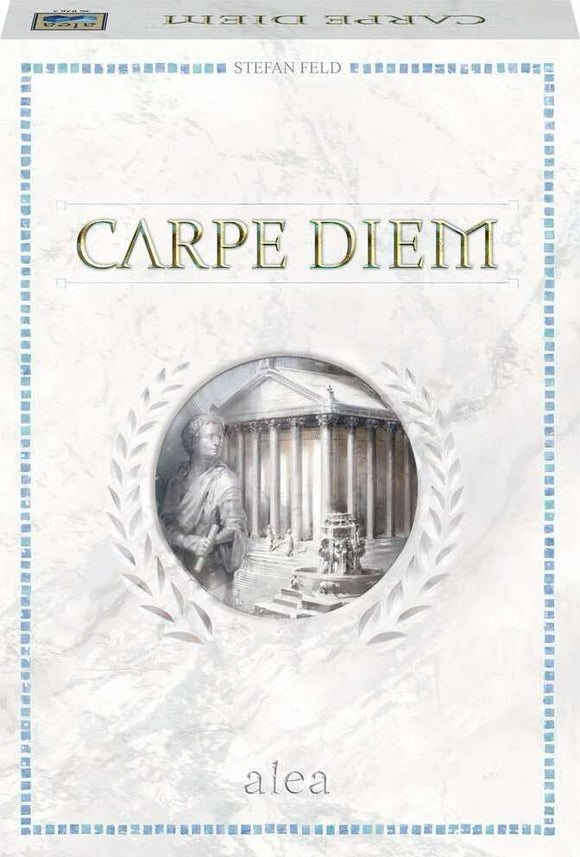 Carpe Diem board game box by Ravensburger featuring intricate designs with classical themes. The central illustration depicts a Roman figure against a backdrop of ancient architecture.