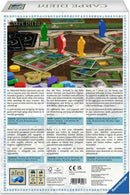 The Carpe Diem game by Ravensburger is shown with colorful packaging featuring various game pieces in green, red, blue, and yellow. The design includes illustrations of gardens, ponds, and buildings, highlighting its strategic city-building theme. The title 'Carpe Diem' is prominently displayed at the top. The back of the box details the game components, suitable for 2-4 players, along with its complexity rating, appealing to families and board game enthusiasts.