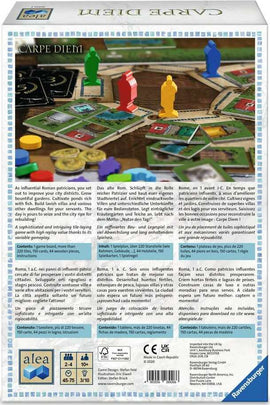 The Carpe Diem game by Ravensburger is shown with colorful packaging featuring various game pieces in green, red, blue, and yellow. The design includes illustrations of gardens, ponds, and buildings, highlighting its strategic city-building theme. The title 'Carpe Diem' is prominently displayed at the top. The back of the box details the game components, suitable for 2-4 players, along with its complexity rating, appealing to families and board game enthusiasts.