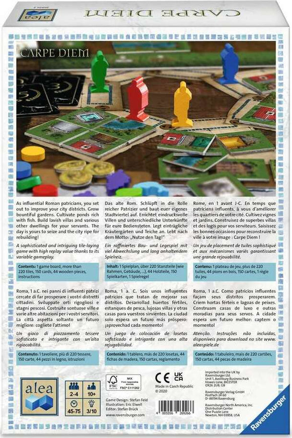 The Carpe Diem game by Ravensburger is shown with colorful packaging featuring various game pieces in green, red, blue, and yellow. The design includes illustrations of gardens, ponds, and buildings, highlighting its strategic city-building theme. The title 'Carpe Diem' is prominently displayed at the top. The back of the box details the game components, suitable for 2-4 players, along with its complexity rating, appealing to families and board game enthusiasts.