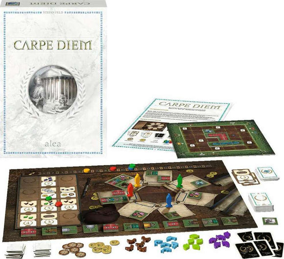 Carpe Diem board game by Ravensburger displayed with its box, game board, player pieces, and various tokens and cards. The game setup includes colorful player pieces in green, yellow, red, and blue, surrounded by tiles and scoring components, showcasing a strategic layout for players.