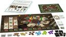 Carpe Diem board game by Ravensburger, featuring a colorful game board with various player tokens in yellow, green, red, and blue. Includes game pieces like cards, coins, and resources laid out on a wooden table. Instructions and a smaller board for gameplay strategy are also visible.