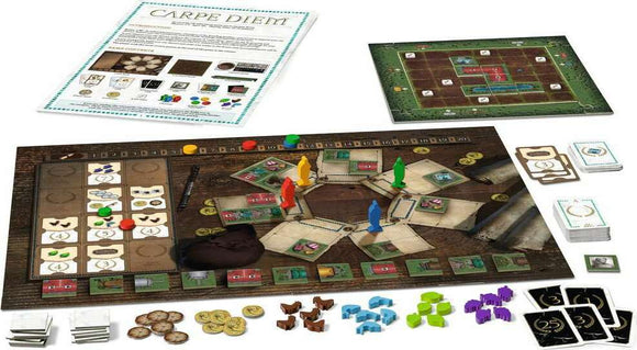 Carpe Diem board game by Ravensburger, featuring a colorful game board with various player tokens in yellow, green, red, and blue. Includes game pieces like cards, coins, and resources laid out on a wooden table. Instructions and a smaller board for gameplay strategy are also visible.