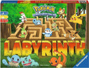 Labyrinth Pokémon game box by Ravensburger featuring popular Pokémon characters like Pikachu, Squirtle, and Eevee. The game features a colorful illustration of a labyrinth structure and is suitable for ages 7 to 99, designed for 2 to 4 players with gameplay lasting 20 to 30 minutes.
