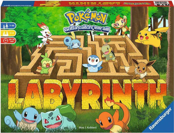 Labyrinth Pokémon game box by Ravensburger featuring popular Pokémon characters like Pikachu, Squirtle, and Eevee. The game features a colorful illustration of a labyrinth structure and is suitable for ages 7 to 99, designed for 2 to 4 players with gameplay lasting 20 to 30 minutes.