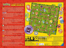 A vibrant board game titled Labyrinth Pokémon by Ravensburger. The image shows a colorful game board with a labyrinth design featuring various Pokémon characters hidden among green pathways. Accompanying the board are Pokémon tokens and a Poké Ball token set. Instructions and player information are printed in multiple languages on the packaging's back. Perfect for family game night!