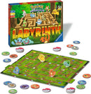 The Labyrinth Pokémon game by Ravensburger features a colorful game board with various Pokémon characters including Pikachu, Squirtle, and Charmander. The board is surrounded by numerous game tokens and Poké Balls, with the title 'Labyrinth' prominently displayed. This strategic maze game invites players to navigate through obstacles to collect Pokémon and achieve victory.