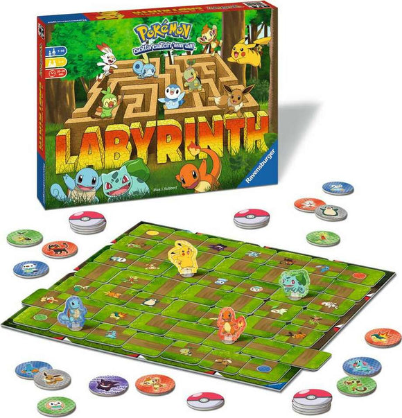 The Labyrinth Pokémon game by Ravensburger features a colorful game board with various Pokémon characters including Pikachu, Squirtle, and Charmander. The board is surrounded by numerous game tokens and Poké Balls, with the title 'Labyrinth' prominently displayed. This strategic maze game invites players to navigate through obstacles to collect Pokémon and achieve victory.