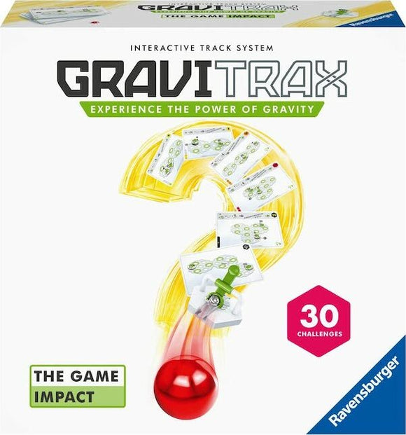 The product box for GraviTrax: The Game Impact by Ravensburger features an interactive track system design with multiple track pieces, a red marble, and highlights 30 challenges. The packaging showcases vibrant graphics including a yellow track and puzzle cards, emphasizing the theme of gravity-based gameplay.