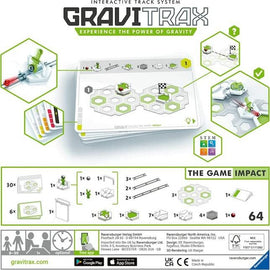 GraviTrax: The Game Impact by Ravensburger features an interactive track system designed to teach the principles of gravity and motion through play. The image displays the game components, including hexagonal tiles, marbles, and tracks, alongside an instruction sheet illustrating the assembly process. Ideal for ages 8 and up, this STEM game encourages creativity and problem-solving skills.