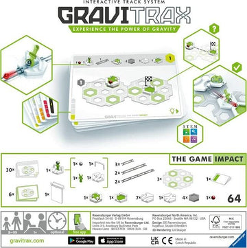 GraviTrax: The Game Impact by Ravensburger features an interactive track system designed to teach the principles of gravity and motion through play. The image displays the game components, including hexagonal tiles, marbles, and tracks, alongside an instruction sheet illustrating the assembly process. Ideal for ages 8 and up, this STEM game encourages creativity and problem-solving skills.