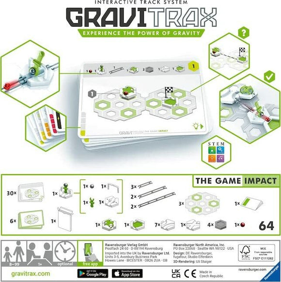GraviTrax: The Game Impact by Ravensburger features an interactive track system designed to teach the principles of gravity and motion through play. The image displays the game components, including hexagonal tiles, marbles, and tracks, alongside an instruction sheet illustrating the assembly process. Ideal for ages 8 and up, this STEM game encourages creativity and problem-solving skills.